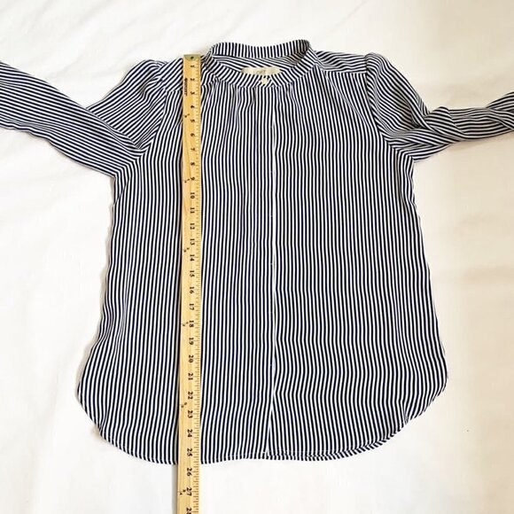 LOFT blue white striped mock collar hidden button front long sleeve top - Picture 9 of 10